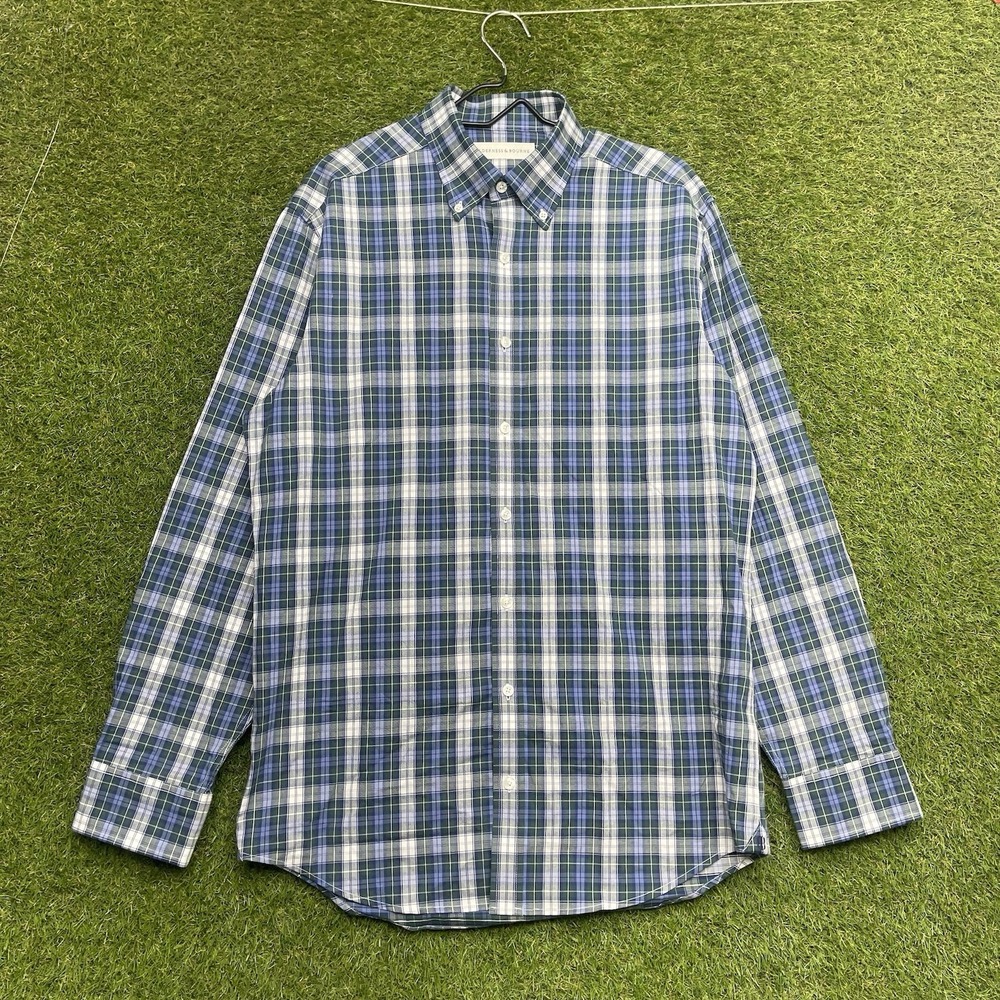 Holderness & Bourne The Andrews Shirt Mens Large Blue Plaid Tailored Fit Button